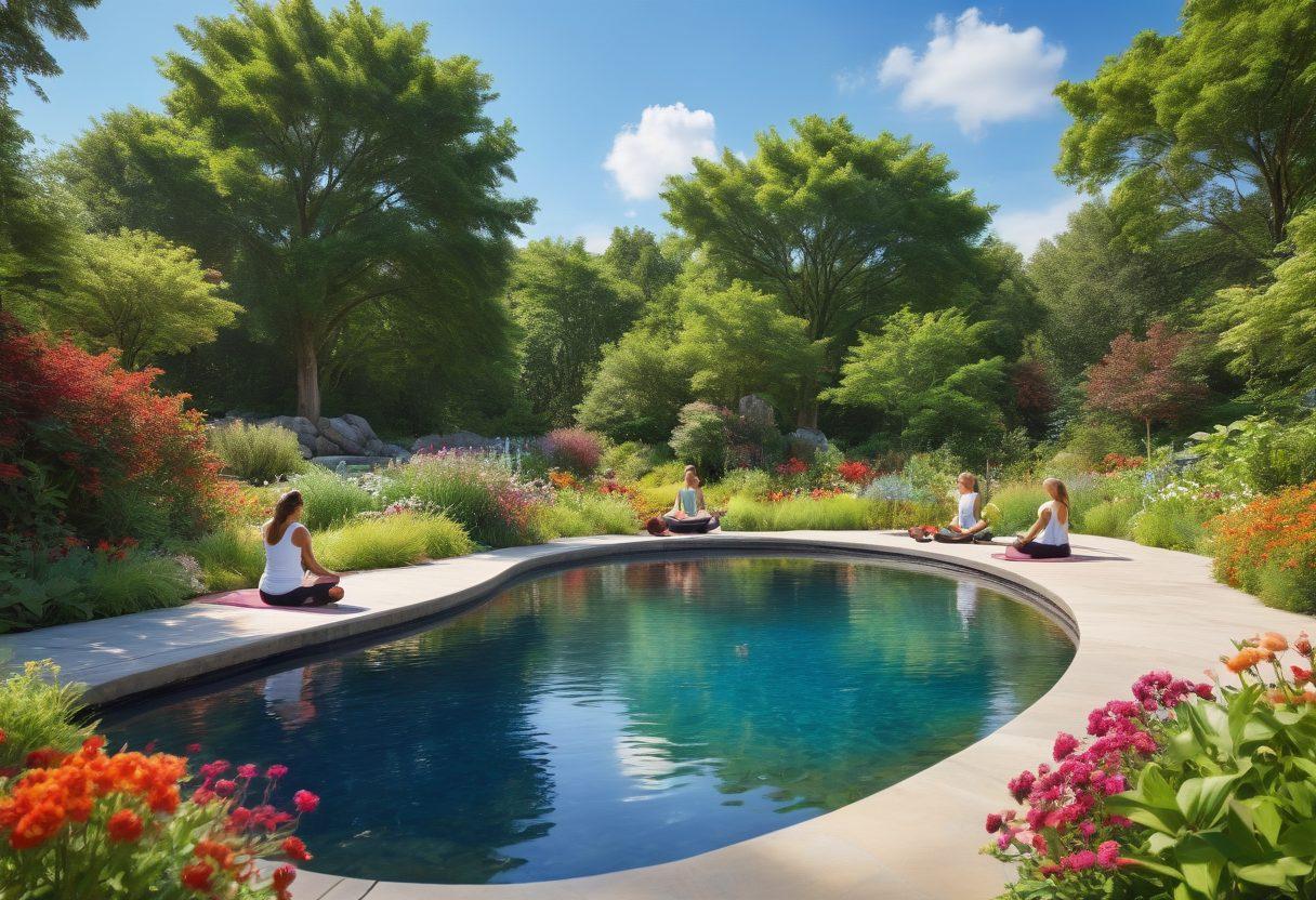 A serene summer scene displaying a diverse group of people engaging in various holistic health activities, such as yoga, meditation, and enjoying fresh fruits under a clear blue sky. Incorporate elements like vibrant flowers, soothing water features, and sunny greenery that evoke a sense of balance and wellness. Ensure the individuals exhibit confidence and joy. super-realistic. vibrant colors. natural setting.