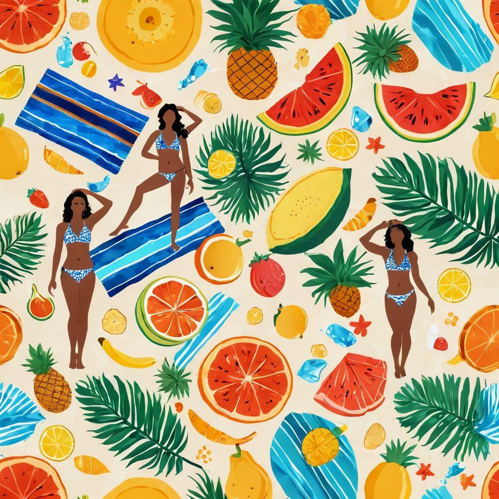 A vibrant summer scene featuring diverse models in stylish bikinis showcasing the latest swimwear trends, set against a sunny beach backdrop with crystal-clear waves. Incorporate elements of holistic wellness such as fresh fruits, yoga mats, and wellness products scattered around to enhance a healthy lifestyle theme. Capture the essence of summer joy and confidence with bright colors and a cheerful atmosphere. super-realistic. vibrant colors. sunny beach background.